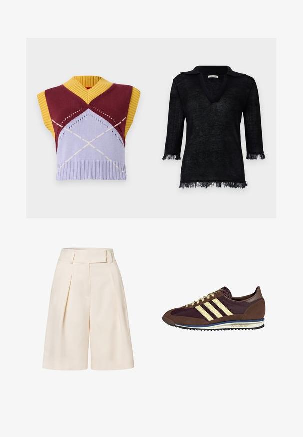 Szydełkowy bezrękawnik z dekoltem w serek w kolorze bordowym, żółtym i lawendowym, z wzorem argyle i prążkowanym dołem. Wyraźne detale geometryczne.; Czarny sweter z dzianiny z dekoltem w kształcie litery V i kołnierzykiem. Posiada rękawy o długości trzech czwartych z frędzlami przy mankietach i u dołu. Teksturowany materiał.; Kremowe spodenki na miarę z wysokim stanem, plisowanym przodem i gładką teksturą materiału. Posiadają szerokie, krótkie nogawki.; Brązowe i burgundowe sneakersy wykonane z zamszu i siateczkowych materiałów, z trzema kremowymi paskami, teksturowanym materiałem na języku i gumową podeszwą.