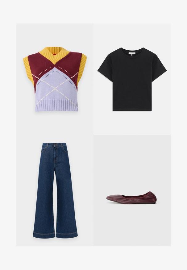 Pulover tricotat fără mâneci, cu decolteu în V, în culorile vișiniu, galben și lavandă, având un model argyle și tiv cu nervuri. Detalii de design geometric clare.; Tricou scurt negru din bumbac, cu un gât rotund, mâneci scurte și un design simplu, fără modele sau embellismente.; Jeans din denim albastru cu picioare largi și talie înaltă, având închidere cu buton, bucle pentru curea și detalii discrete de cusut pe buzunare și la tivuri.; Balerini din piele burgundă închisă, cu vârf rotunjit, rim elastic și textură netedă cu detalii subtile de pliere.