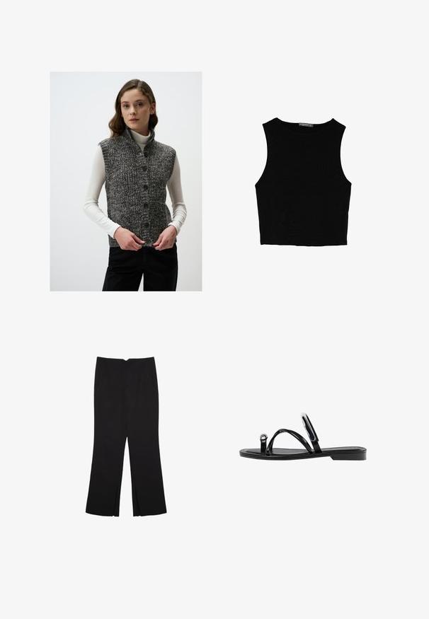 Grau gestrickte Weste mit hohem Kragen, vorne mit Knöpfen und strukturiertem Muster, getragen über einem weißen Rollkragenoberteil.; Schwarzes ärmelloses Crop-Top aus glattem Stoff, mit rundem Ausschnitt und einem klaren, schlichten Design ohne Muster oder Beschläge.; Schwarze Hose mit geradem Schnitt, ausgestattet mit Fronttaschen und Seitenschlitzen am Saum. Hergestellt aus weichem, glattem Stoff. Geeignet für verschiedene Anlässe.; Schwarze flache Sandalen mit glänzender Oberfläche, drei dünnen Riemen und einem runden Hardware-Detail an den Zehen. Elegantes Design mit einem minimalen Absatz.