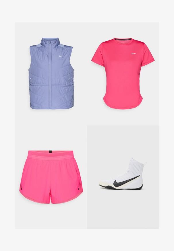 Világos lila, ujjatlan pufiszőrme mellény magas gallérral, cipzáros záródással és puha textúrával. Érdekessége az átlósan steppelt mintázat és a fényvisszaverő részletek.; Rövid ujjú rózsaszín sportpóló, sima, könnyű anyagból készült. Kicsi, fehér Nike logó található a mellkason, és diszkrét ívelt szegély jellemzi.; Rózsaszín sportnadrág légáteresztő derékrésszel, oldalán zsebekkel és egy kis fekete Nike logóval a bal oldalon. Sima anyag.; Fehér Nike sportcipő fekete pipa logóval. Magasított dizájn, texturált felsőrész és tartós gumitalp jellemzi.