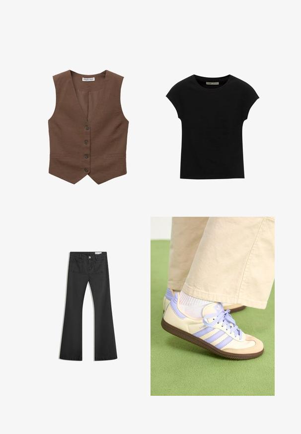 Braune Weste mit V-Ausschnitt, fünf vorderen Knöpfen und Paspeltaschen. Hergestellt aus strukturiertem Stoff mit glatter Innenauskleidung.; Schwarzes T-Shirt mit kurzen Ärmeln und rundem Ausschnitt. Hergestellt aus glattem, elastischem Baumwollstoff. Einfaches Design ohne Muster oder Grafiken.; Schwarze Schlagjeans aus Denim mit glatter Textur, ausgestattet mit zwei Gesäßtaschen und einem Knopfverschluss an der Taille.; Cremefarbene und lavendelfarbene Sneakers mit drei Streifen und einer strukturierten braunen Sohle, ausgestattet mit Schnürsenkeln und einer gepolsterten Ferse. Obermaterial aus weichem Stoff.