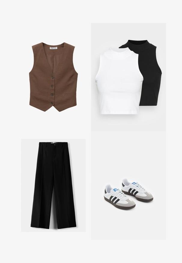 Hnědá vesta s výstřihem do V, pěti předními knoflíky a kapsami s klopami. Vyrobena z texturované látky, s hladkou vnitřní podšívkou.; Dvě bezrukávové halenky s ribovým stojáčkem v černé a bílé barvě, které mají přiléhavý střih a hladkou texturu, s krácenou délkou.; Černé široké kalhoty z lehkého materiálu s předním zapínáním na knoflík a hladkým předním dílem, s pečlivě přišitými lemy.; Sportovní boty s bílým koženým svrškem, šedou semišovou špičkou a třemi černými pruhy. Obsahují modré logo na jazyku a texturovanou gumovou podrážku.