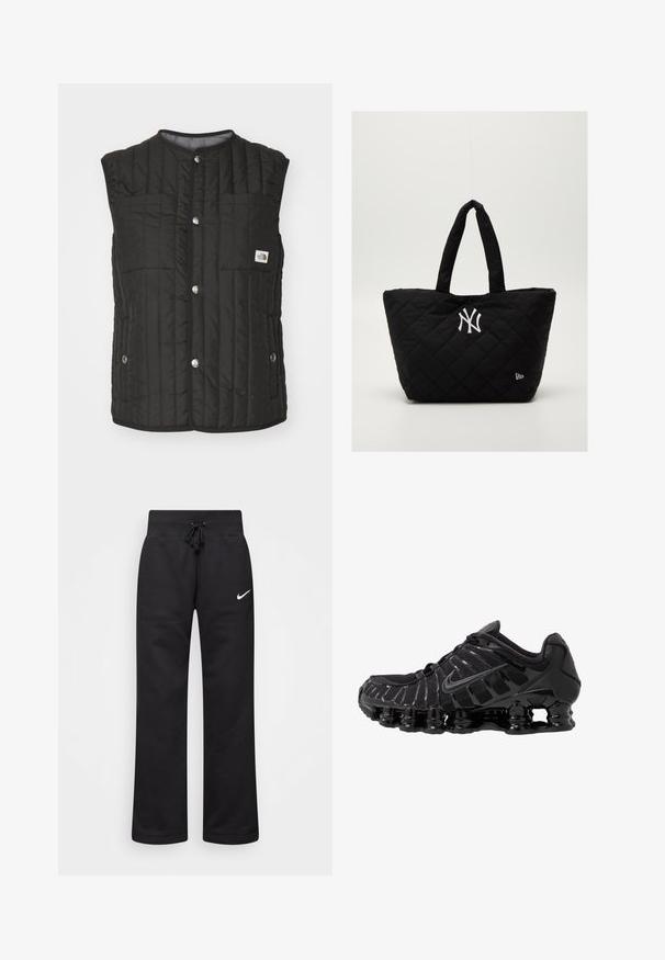 The North Face REVERSIBLE VISOKE - Liemenė - black/smoked pearl; Baltas ilgas rankovės marškinėliai, pagaminti iš medvilnės, su apvalia kaklo linija ir maža juoda Nike logo ant krūtinės. Paprastas dizainas, laisvas įsiliejimas.; Juodos medvilnės blend'o treninginės kelnės su raišteliu juosmens srityje, tiesiomis kojomis ir baltu Nike logotipu kairėje pusėje.; Juodas sportinis batai su tinklinėmis viršutinėmis dalimis ir blizgiomis detalėmis. Yra kreivai suformuota spyruoklinė amortizacija ir tekstūruoti brūkšniai šone. Matomas Nike logotipas.; Juodai siūtas quilted rankinė su dvigubomis rankenėlėmis, su baltu Niujorko "Yankees" logotipu ir mažyčiu prekės ženklo emblemu šone.