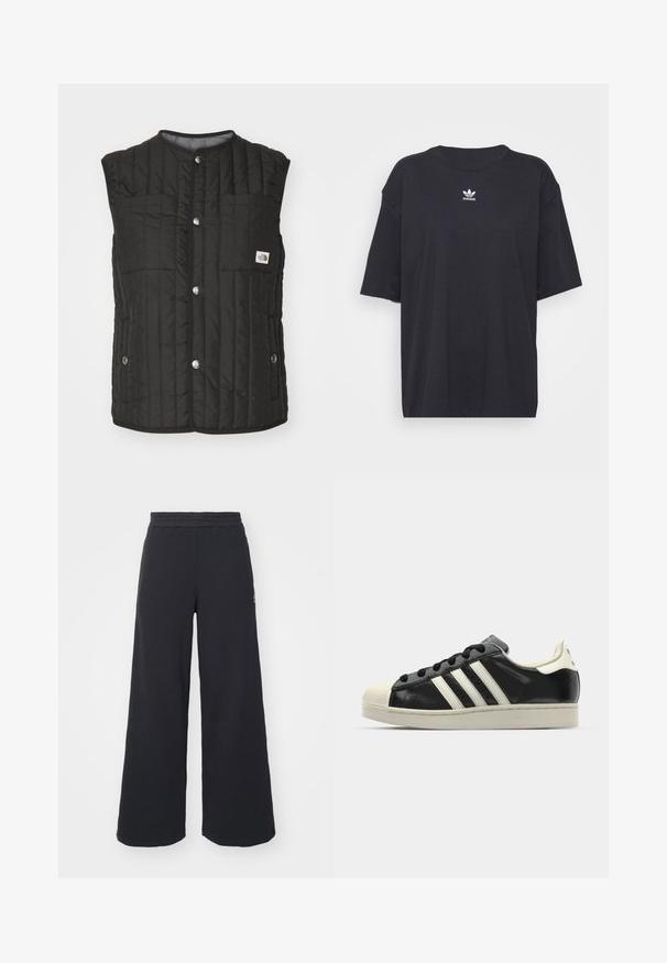 The North Face REVERSIBLE VISOKE - Γιλέκο - black/smoked pearl; Μαύρη βαμβακερή μπλούζα με κοντά μανίκια, στρογγυλή λαιμόκοψη, διαθέτει άσπρο λογότυπο Adidas στο στήθος. Απλός σχεδιασμός, χαλαρή εφαρμογή.; Μαύρα ανοιχτά παντελόνια φόρμας από μαλακό υλικό, με ελαστική μέση και μικρό λογότυπο στην αριστερή πλευρά.; Μαύρα δερμάτινα sneakers με λευκές ρίγες, καουτσούκ προστατευτικό στην μύτη, μαύρα κορδόνια και κρεμ outsole. Λείος υφής με γυαλιστερή φινίρισμα.