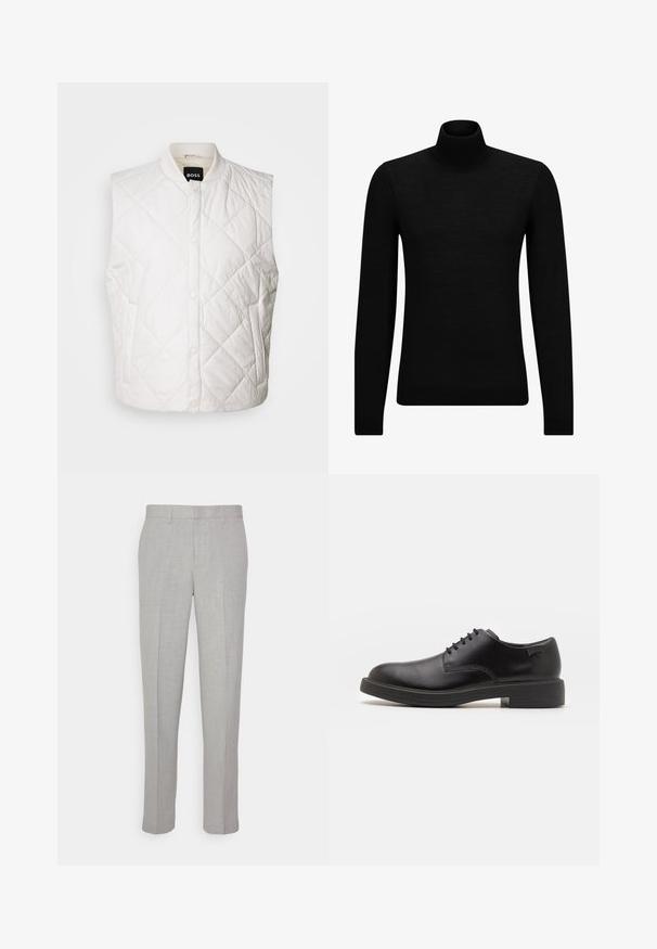 Hvit quiltet vest med ståkrage, med knapplukking og sidelommer. Laget av slitesterkt stoff med en glatt tekstur.; Svart genser med høy hals laget av mykt materiale, med lange ermer og en tettsittende passform. Ribbestrikket kant nederst og ved ermene. Enkelt design.; Lys grå bukser med en glat tekstur, flad front og lige ben. Fremstillet af åndbart stof og med indvendige lommer og bæltesløjfer.; Svart lær snøre sko med rund tå, glatt tekstur, minimal søm, og lav gummihæl. Logo på hælen.