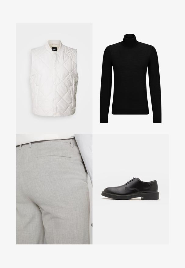 White quilted vest with a stand-up collar, featuring a button closure and side pockets. Made from durable fabric with a smooth texture.; Black turtleneck sweater made of soft material, featuring long sleeves and a snug fit. Ribbed trim at the hem and cuffs. Simple design.; Light gray tailored trousers made of textured fabric, featuring a single back pocket and clean stitching.; Black leather lace-up shoe with a rounded toe, smooth texture, minimal stitching, and a low rubber heel. Logo on the heel.
