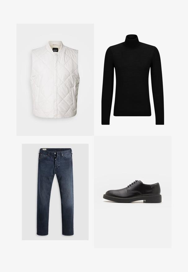 Vesta albă matlasată cu guler înalt, având o închidere cu nasturi și buzunare laterale. Fabricată dintr-un material durabil cu o textură netedă.; Pulover negru cu guler înalt, realizat dintr-un material moale, cu mâneci lungi și o croială ajustată. Tiv și mansete cu margine ondulată. Design simplu.; Jeans din denim de culoare albastru închis, cu croială dreaptă, având fermoar, butoane metalice și detalii cu nituri din cupru. Textură netedă, fără modele vizibile.; Pantofii din piele neagră, cu șireturi, au vârful rotunjit, o textură netedă, cusături minime și un toc de cauciuc scăzut. Logo pe toc.