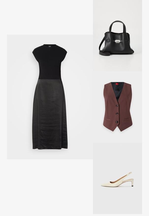 Vesta ajustată de culoare maronie, cu decolteu în V, cinci nasturi negri, două buzunare laterale și o căptușeală interioară cu un model negru.; Rochie neagră cu un corset ajustat și o fustă fluidă, din mătase. Mâneci scurte, decolteu rotund, textură netedă și design până la gleznă.; Sandal cu vârful ascuțit, tip slingback, din piele albă, cu toc jos și design decupat, având o textură fină și accente minime.; Geantă de mână din piele neagră cu o finisare texturată, având două mânere superioare, o curea de umăr detașabilă și un detaliu cu închidere din argint.