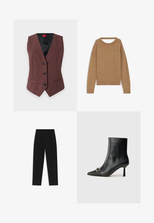 Gilet marrone su misura con scollo a V, cinque bottoni neri, due tasche laterali e una fodera interna nera a fantasia.; Maglione lavorato a maglia in un caldo beige, dotato di scollo tondo, spalle scese e polsini e orlo a costine. Texture morbida con un design informale.; Pantaloni neri a taglio dritto, con doppie pieghe, una texture liscia e un design classico in vita. Nessun hardware o dettaglio visibile.; Stivale alla caviglia in pelle nera con punta affusolata, tacco sottile di media altezza e dettaglio in fibbia argentata sul lato, su sfondo semplice.
