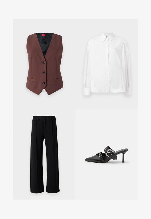 Hnedý ušitý vest s V-výstrihom, piatimi čiernymi gombíkmi, dvoma bočnými vreckami a vzorovanou čiernou podšívkou.; Biela košeľa s dlhým rukávom vyrobená z hladkej bavlnenej zmesi. Má klasický golier, predné zapínanie na gombíky a zaoblené manžety.; Čierne nohavice rovného strihu s elastickým pásom a jemným textúrovaným vzorom po celej látke na bielom pozadí.; Čierne vysoké podpätky mule so špicatou špičkou, vyrobené z hladkej kože. Obsahujú široký členkový remienok so štvrcovým strieborným sponom a cvokmi.