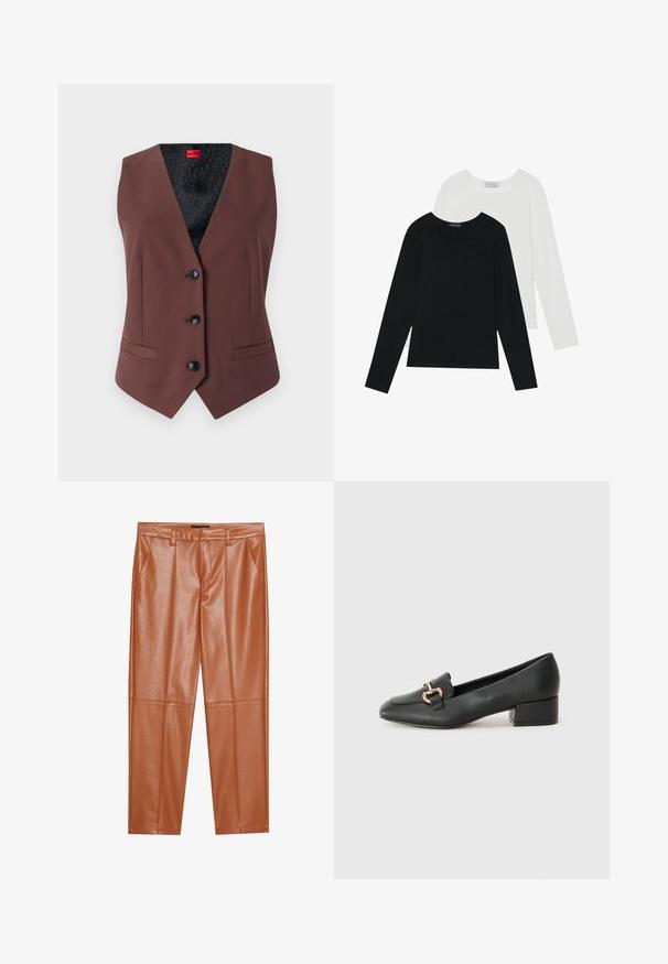 Hnedý ušitý vest s V-výstrihom, piatimi čiernymi gombíkmi, dvoma bočnými vreckami a vzorovanou čiernou podšívkou.; Dvoje dlhých rukávov, jedny čierne a jedny biele, s hranatým výstrihom a vyrobené z mäkkého, elastického materiálu.; Hnedé nohavice z umelého kože s prispôsobeným strihom, s prednými záhybmi a rovnými nohavicami. Hladká textura bez viditeľných kovových prvkov alebo akcentov.; Čierne kožené mokasíny s plochým podpätkom, ktoré majú dekoratívny zlatý kovový detail vpredu a hladkú textúru.