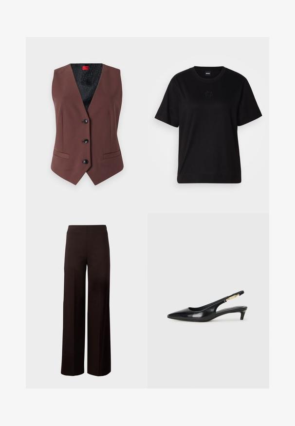 Gilet marron ajusté avec un col en V, cinq boutons noirs, deux poches latérales et une doublure intérieure noire à motifs.; T-shirt en coton noir avec un col rond, des manches courtes et un logo brodé sur la poitrine. Coupe simple et décontractée sans motifs.; Pantalons larges noirs avec une taille élastique, fabriqués à partir d'un tissu lisse et extensible. Présente un design épuré sans motifs.; Talons hauts en cuir noir avec un bout pointu, dotés d'un talon fin et d'un accent en ton or sur la lanière réglable. Texture lisse.