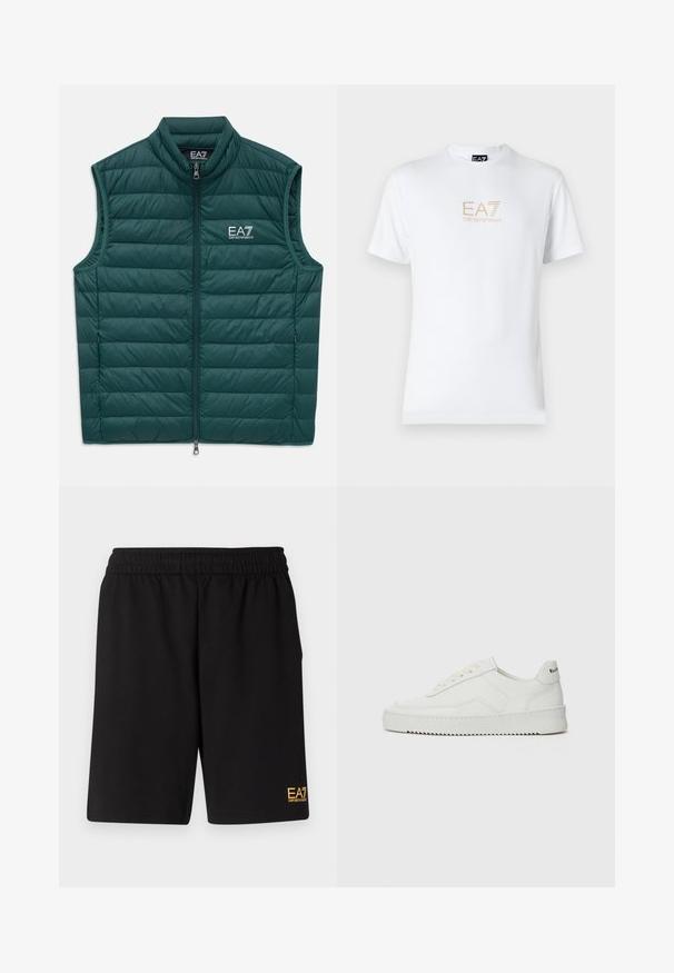 Tumedast rohelise värvi dikteeritud, ilma varrukateta vest, millel on eesne lukk ja EA7 Emporio Armani logo vasakul rinnal.; Valge puuvillane T-särk, millel on ümmargune kaelus ja lühikesed varrukad, ning mille esiosal on kuldne EA7 Emporio Armani logo.; Mustad mustad lühikesed püksid, mis on valmistatud pehmest kangast. Omavad elastset vöökohta ja väikest kollast EA7 logo vasakul jalal.; Valge nahast tennis, millel on sile põhi, ümar varvas, lamedad nöörid ja tekstuuriline tall. Sisaldab diskreetset logo kontsaribal.
