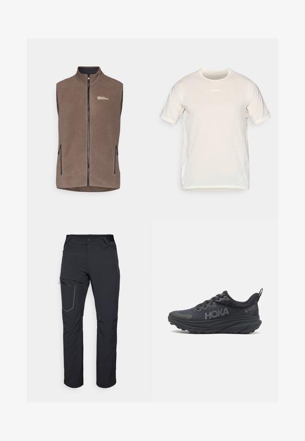 Fleece-Weste in Dunkelbraun mit hohem Kragen, durchgehendem Reißverschluss und zwei seitlichen Reißverschlusstaschen. Mit einem Logo auf der linken Brust.; Beige Salomon T-Shirt mit kurzen Ärmeln, Rundhalsausschnitt und dezenten weißen grafischen Linien an den Seiten.; Schwarze Outdoor-Hosen mit einem Reißverschlusstaschen an den Oberschenkeln, elastischem Bund und glattem, wasserabweisendem Stoff. Sauberes Design ohne sichtbare Logos.; Schwarzer Hoka-Laufschuh mit einem Obermaterial aus Netzgewebe, strukturierten Details und einer dicken, gepolsterten Sohle mit verjüngten Kanten für verbesserten Halt.