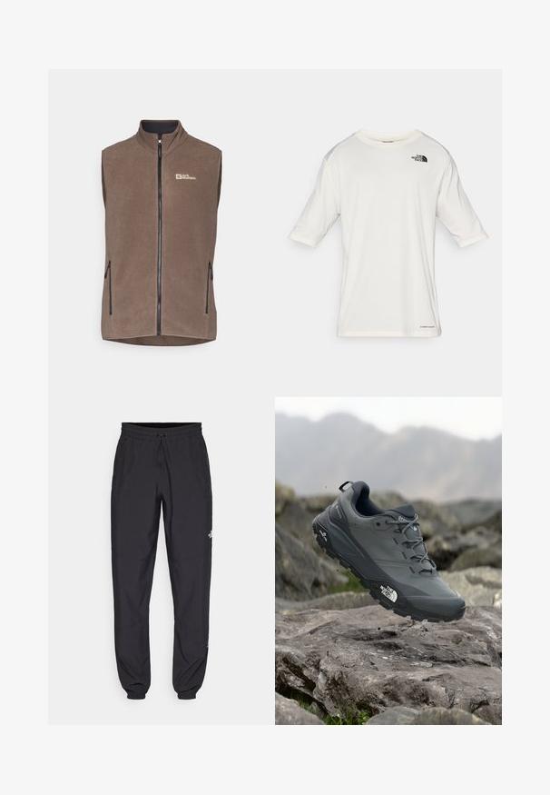 Fleece vesta v tmavě hnědé barvě s vysokým límcem, předním zipem a dvěma bočními kapsami na zip. Na levé straně hrudi se nachází logo.; Bílé tričko s krátkým rukávem a kulatým výstřihem s logem The North Face na levém hrudníku a textem "Lightrange" blízko spodního lemu.; Černé sportovní kalhoty vyrobené z lehké tkaniny, s páskem na šňůrku, bočními kapsami a zúženými manžetami na kotnících.; Šedá trailová běžecká bota s texturovaným svrškem, odolnou gumovou podrážkou a vyztuženou špičkou. Obsahuje tkaničky a logo značky na straně.