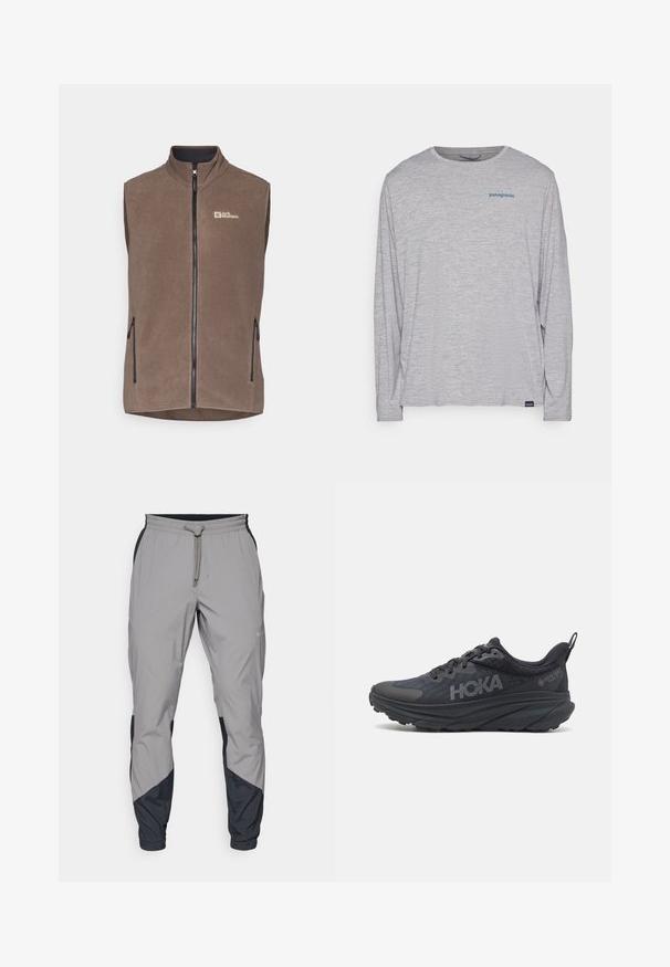 Fleece jopič v temno rjavi barvi z visokim ovratnikom, sprednjim zadrgo in dvema stranskima žepoma z zadrgo. Na levi strani prsi je oznaka.; Svetlo siva majica dugih rukava od mekog, teksturiranog materijala. Ima okrugli izrez i mali plavi Patagonia logo na grudima.; Lahki, sivi atletski hlače z črnimi dodatki. Elastika v pasu, zategovalna vrvica, oblikovana noga in stranske žepe.; Črne tekaške čevlje Hoka z mrežasto zgornjim delom, teksturiranimi podrobnostmi in debelim, oblazinjenim podplatom s koničastimi robovi za izboljšano podporo.