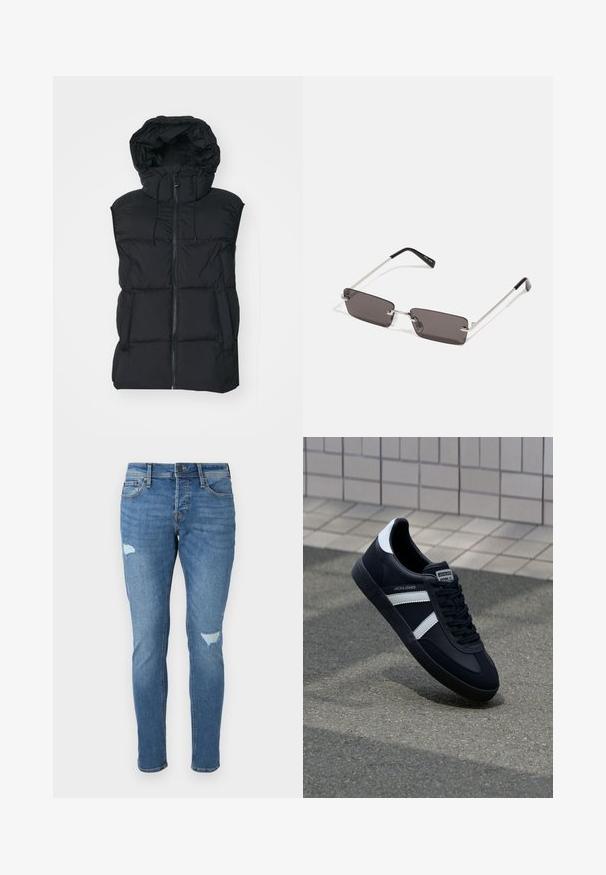 Black sleeveless padded vest with a high collar and an adjustable hood. Features a central zipper and side pockets. Smooth, quilted texture.; White cotton t-shirt with short sleeves, crew neckline, and a relaxed fit. Smooth texture with no visible patterns or accents.; Faded blue denim jeans with a slim fit, featuring distressed areas at the knees, a button closure, and five-pocket design.; Black leather sneaker with white stripes, textured rubber sole, and lace-up front. Features a branded label on the tongue.; Sunglasses with rectangular, dark grey lenses, silver metal frames, and black plastic tips on the arms. Lightweight design with nose pads.