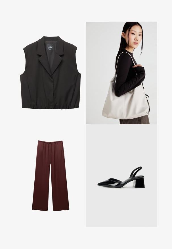 Schwarze ärmellose Blazer-Weste mit Reverskragen, Knopfverschluss, elastischem Saum und Pull&Bear-Label im Kragen.; Weißes, strukturiertes Kurzarmoberteil mit Rundhalsausschnitt und Raglanärmeln, das ein dezentes Wellenmuster und leichtes Material aufweist.; Burgunderfarbene weite Hosen aus glattem Stoff, mit dehnbarem Bund und Kordelzug, die für Komfort und ein angenehmes Tragegefühl konzipiert sind.; Schwarze Lackleder-Slingback-High Heels mit spitzem Schuh und einem geometrischen Blockabsatz. Verfügt über ein schlankes, minimalistisches Design und eine glatte Textur.; Beige Handtasche aus weichem Material, mit einem lässigen Design, gesteppten Details und zwei Schulterriemen. Geeignet für den täglichen Gebrauch.