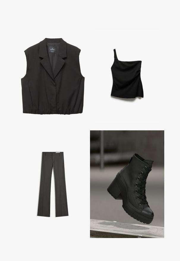 Czarna bezrękawnikowa marynarka z wykładanym kołnierzem, zapięciem na guziki, elastycznym dołem i metką Pull&Bear wewnątrz kołnierza.; Asymetryczny czarny top na jedno ramię, wykonany z gładkiego materiału, z marszczeniami po bokach, które dodają tekstury.; Szare spodnie w fasonie dzwonów, wykonane z gładkiego materiału, z płaskim przodem, paskami do paska oraz skrojonym krojem o czystych liniach.; Czarne wysokie buty na platformie z teksturowanej skóry, z przodem sznurowanym i masywnym obcasem. Posiadają gumową podeszwę z wyraźnymi wzorami bieżnika.