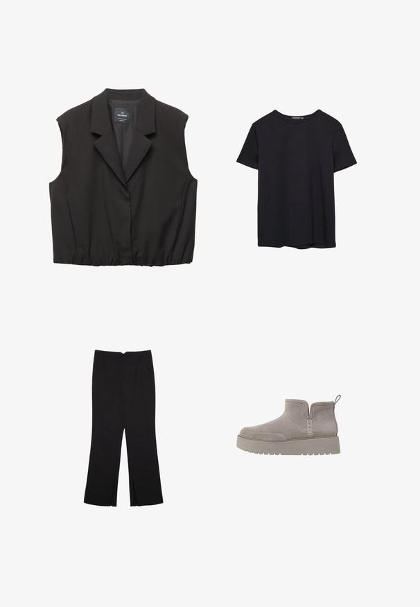 Čierny bezrukávový blejzer s výstrihom do "V", zapínaním na gombík, elastickým lemom a štítkom Pull&Bear vo vnútri goliera.; Jednoduché čierne bavlnené tričko s krátkym rukávom a okrúhlym výstrihom, umiestnené na bielom pozadí.; Čierne nohavice so strihom rovného strihu, s prednými vreckami a bočnými rozparkami na leme. Vyrobené z mäkkej, hladkej tkaniny. Vhodné na rôzne príležitosti.; Šedé semišové kotníkové boty s nízkým profilem, elastickými postranními panely a texturovanou gumovou podrážkou. Mají úchytku pro snadné obouvání.
