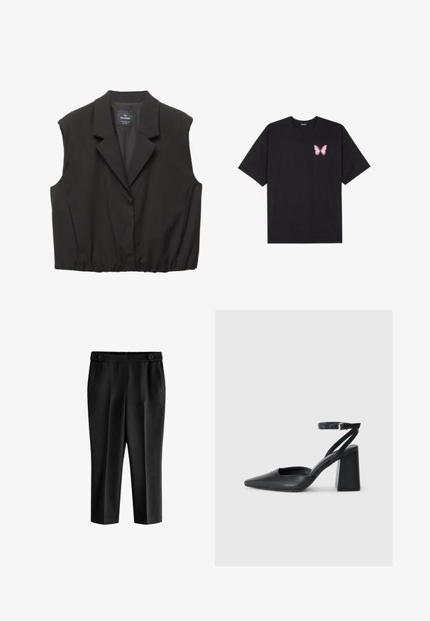 Černá bezrukávová blazerová vesta s výpustkovými klopami, zapínáním na knoflík, elastickým lemem a štítkem Pull&Bear uvnitř límce.; Černé bavlněné tričko s krátkým rukávem, na levém prsou s malou grafikou růžové motýlky. Design s kruhovým výstřihem a volným střihem.; Černé zkrácené kalhoty s uvolněným fit, elastickým pasem a dvěma předními kapsami. Materiál má hladkou texturu s mírně lesklým povrchem.; Černé kožené lodičky se špičatou špičkou, kotníkovým páskem a silným podpatkem. Hladká textura, elegantní design a minimalistická estetika.