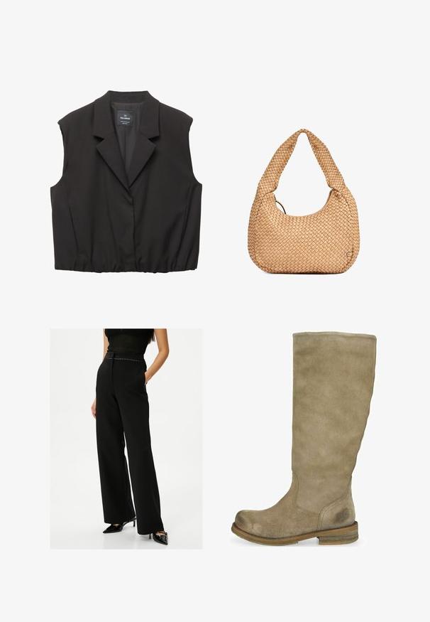 Schwarze ärmellose Blazer-Weste mit Reverskragen, Knopfverschluss, elastischem Saum und Pull&Bear-Label im Kragen.; Schwarzes Langarmoberteil aus glattem Stoff. Verfügt über einen Rundhalsausschnitt, ein simples horizontales Streifendetail auf der Vorderseite und einen verkürzten Saum.; Schwarze hochgeschnittene Hose mit weitem Bein, ausgestattet mit einer genähten Taillenpartie und seitlichen Taschen, kombiniert mit schwarzen spitzen High Heels.; Beige Wildlederstiefel bis zum Knie mit abgerundetem Zehenbereich und strukturiertem Finish. Brauner Holzabsatz mit dezentem Logodetail nahe dem Knöchel.; Geflochtener beiger Handtasche mit einer geschwungenen Silhouette und einem dicken Griff, die ein strukturiertes, texturiertes Design und ein dezentes Logo-Detail aufweist.