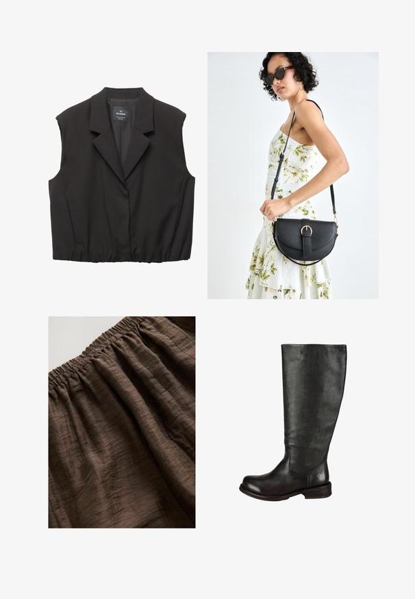 Gilet senza maniche nero con rever a punta, chiusura con bottoni, orlo elasticizzato e etichetta Pull&Bear all'interno del colletto.; Top corto bianco senza maniche con un profondo scollo a V, realizzato in tessuto liscio, con un taglio semplice e minimalista.; Tinta marrone con elastico in vita e tessuto testurizzato, caratterizzato da morbide pieghe stropicciate e una tonalità terrosa ricca. Adatto per l'abbigliamento casual.; Stivale in pelle nera alto fino al ginocchio con finitura texturizzata, punta arrotondata e tacco basso impilato. Presenta un profilo elegante e un sottile dettaglio con logo.; Borsa a tracolla nera in pelle con una forma curva, manico rimovibile e accessori dorati. La borsa presenta una patta con un dettaglio a fibbia.