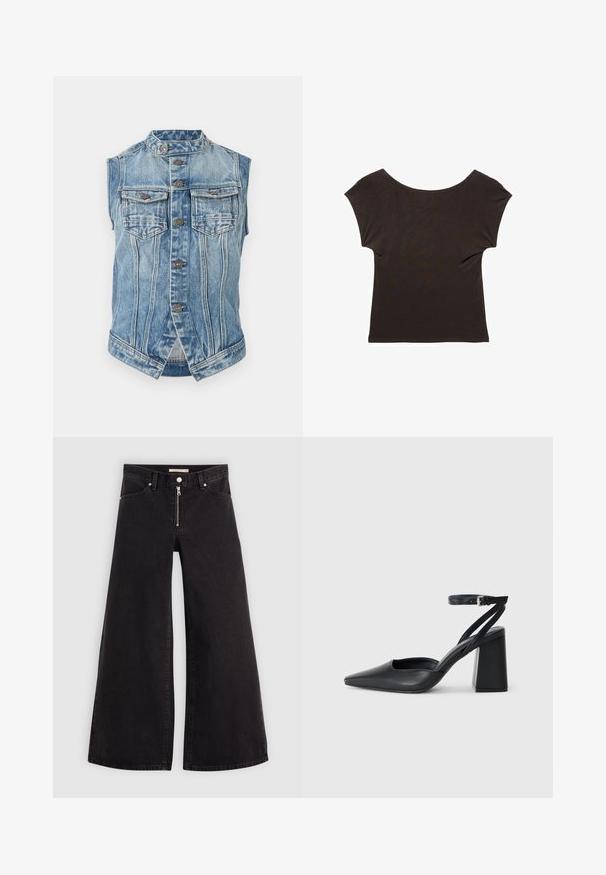 Bezrokavni modri denim brezrokavnik z stojčico, sprednjim zapiranjem na gumbe, dvema žepoma s flapom na prsih in vertikalnimi šivi.; Temno rjav kratkosleečni top z širokim, izrezom v obliki kroga. Narejen iz mehke, gladke tkanine z oprijetim silhueto. Brez vidnih vzorcev ali okrasnih elementov.; Široke traperice iz črnega denima z zadrgo spredaj, petimi žepi in diskretnimi šivi. Gladka tekstura in ležeren slog.; Črne usnjene klasične čevlje z ostrim nosom, z zaponko za gleženj in debelim peto. Ravna tekstura, eleganten dizajn in minimalistična estetika.