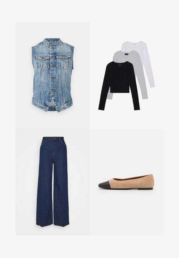 Αμάνικτο μπλε τζην γιλέκο με όρθιο γιακά, κλείσιμο με κουμπιά μπροστά, δύο θηλές τσέπες στο στήθος και κάθετες ραφές.; Τρία μπλουζάκια με μακριά μανίκια τοποθετημένα το ένα πάνω στο άλλο: μαύρο, γκρι και άσπρο. Κάθε μπλούζα έχει στρογγυλή λαιμόκοψη και cropped σχέδιο, κατασκευασμένη από απαλό, ελαφρύ ύφασμα.; Τζιν παντελόνι ψηλόμεσο, φαρδύ, σκούρου μπλε χρώματος, με μπροστινές και πίσω τσέπες, κλείσιμο με κουμπί και ορατές λεπτομέρειες ραφής.; Μπεζ σουέντ μπαλαρίνα με μαύρη δερμάτινη στρογγυλή μύτη, χαμηλό τακούνι και λεία υφή, με ελάχιστες ραφές και καθαρό σχέδιο.