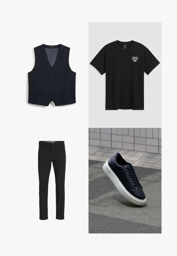 Marineblaue Weste aus glattem Stoff, mit V-Ausschnitt, fünf Knöpfen, zwei Fronttaschen und einem eleganten, ärmellosen Design.; Schwarzes Baumwoll-T-Shirt mit einem Brustdruck, der in einer weißen, stilisierten Schrift "HAUSPFLANZEN" und darunter "Levi's" zeigt. Klassischer Rundhalsausschnitt.; Schwarze Baumwollmischungshose mit schmalem Schnitt, gekennzeichnet durch einen Knopfverschluss, Taschen und umgeschlagenen Säumen für einen lässigen Abschluss.; Schwarze Leder-Sneaker mit runder Zehenpartie und weißer Gummisohle. Verfügt über flache Schnürsenkel und minimale Nähte im Obermaterial. Strukturiertes Sohlenprofil für besseren Halt.