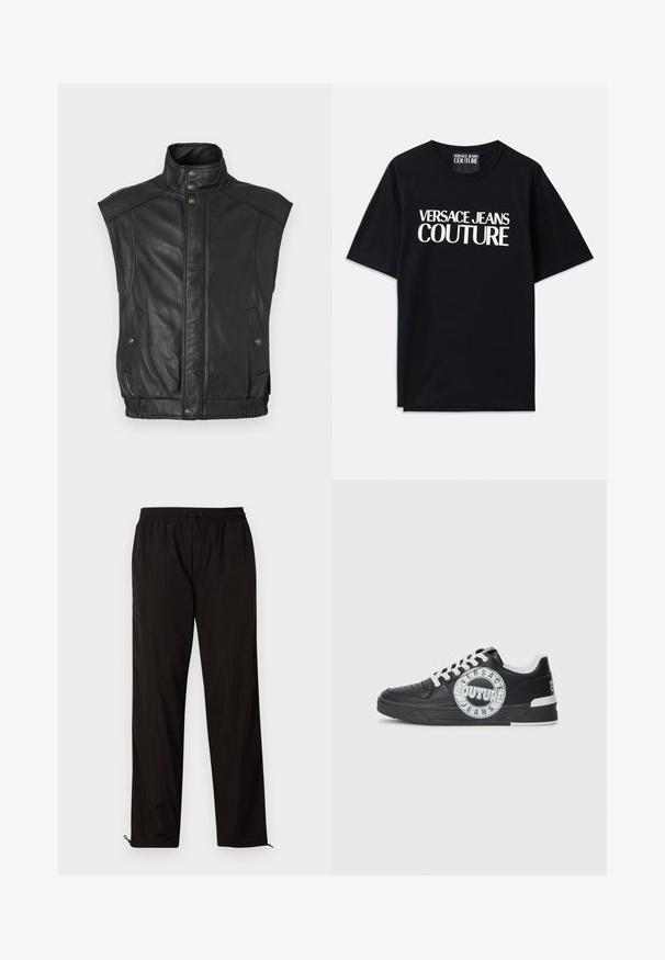 Melnas ādas veste ar augstu apkakli, pogu aizdari un divām sānu kabatām; iezīmēts ar pieguļošu vidukli un elastīgajiem elementiem.; Melnas kokvilnas T-krekls ar īsām piedurknēm, uz kura priekšpuses ir lieli balti burti "VERSACE JEANS COUTURE". Klasiska apaļa kakla dizaina.; Melni viegli bikses ar elastīgu jostu, aukliņu aizdari un rāvējslēdzēju apakšmalā regulējamai fitē. Gluda, eleganta tekstūra.; Melnas ādas sporta kurpes ar baltām akcentiem, apaļu logo detaļu, perforētu purngali un kontrastējošu zoli. Iekļautas baltas šņorītes un zīmols.