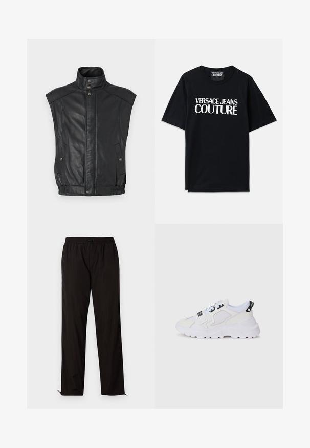 Colete de pele preto com colarinho alto, fecho de botão de pressão e dois bolsos laterais; possui uma cintura ajustada com detalhes elásticos.; T-shirt de algodão preta com mangas curtas, apresentando um grande texto branco "VERSACE JEANS COUTURE" na frente. Design clássico de gola redonda.; Calças leves pretas com cintura elástica, fecho por cordão ajustável e bainhas com fecho de correr para ajuste. Textura suave e elegante.; Ténis desportivos brancos com parte superior em rede, sola grossa e detalhes pretos com marca impressa. Design texturizado e estruturado.