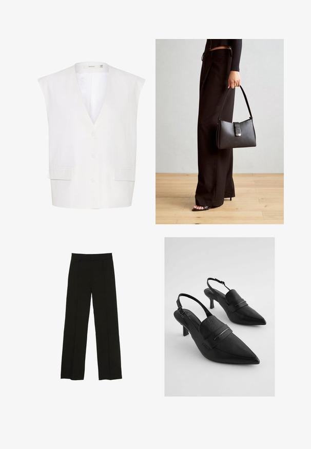 Weißes ärmelloses Hemd mit tiefem V-Ausschnitt, drei Knöpfen, zwei Fronttaschen und einer glatten Stoffoberfläche. Einfaches Design mit taillierten Kanten.; Schwarzes ärmelloses Oberteil mit breiten gerippten Trägern und glattem Stoffgefühl, das konturierte Nähte für eine figurbetonte Passform aufweist.; Schwarze weit geschnittene Hosen aus glattem Stoff, ausgestattet mit einem taillierten Bund und dezenten vorderen Falten für zusätzliche Struktur.; Schwarze Leder-Slingback-Absätze mit spitz zulaufenden Zehen, ausgestattet mit einem breiten Vorderband und Akzenten aus silberfarbenem Metall. Strukturierte Oberfläche, mittelhoher Absatz.; Schwarze Handtasche mit strukturierter Form, glatter Textur und einem metallischen Verschluss. Kombiniert mit weiten schwarzen Hosen und offenen Sandalen auf einem Holzboden.