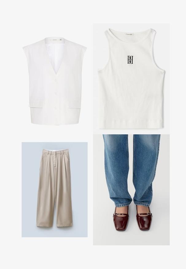 Vit ärmlös väst med djup V-hals, tre knappar, två framfickor och en slät tygfinish. Enkelt mönster med skräddarsydda kanter.; Vit ribbad linne med en svart broderad logotyp centrerad på bröstet. Halsringningen och ärmhålen är avslutade med en subtil kant.; Beiga vida byxor med texturerad yta, utrustade med två sidofickor, framfickor och ett midjeband för säker passform.; Burgundy lackskor med fyrkantig tå och ankelsnodd, som bärs med ljusblå löst sittande jeans. Skorna har en glansig yta.