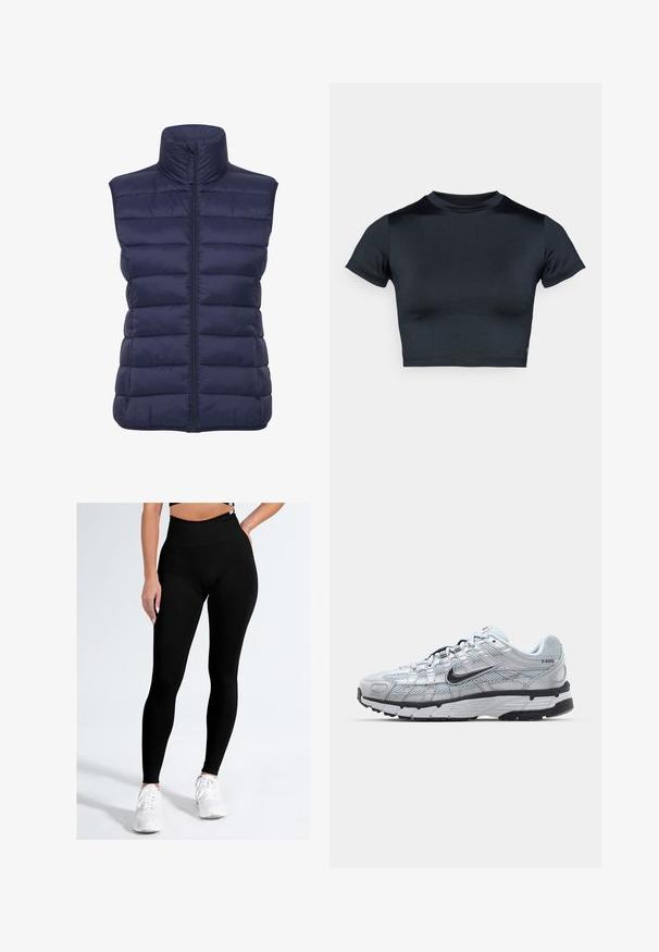 Donkerblauwe gewatteerde vest met hoge kraag, horizontale gestikte patroon, ritssluiting aan de voorkant en zonder mouwen. Lichtgewicht, geïsoleerde stof.; Kort mouw cropped top in donker marineblauw, gemaakt van glad, rekbaar stof. Voorzien van een ronde halslijn en minimale stikdetails. Geen zichtbare logo's.; Zwarte leggings met een hoge tailleband, gemaakt van gladde, rekbare stof. Het ontwerp heeft een slimfit silhoeët zonder zichtbare patronen of accenten.; Nike P-6000 sneakers met een lichtgrijze mesh bovenkant, zwarte accenten en een duurzame zwarte rubberen zool. Kenmerkt zich door een ingewikkeld ontwerp en vetersysteem.