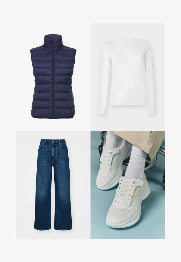 Gilet imbottito blu navy con colletto alto, motivo a righe orizzontali, chiusura frontale con zip e senza maniche. Tessuto isolante leggero.; T-shirt a maniche lunghe in cotone bianco da donna con scollatura rotonda, mostrata su uno sfondo bianco semplice.; Jeans a vita alta e gamba larga in denim blu scuro con una texture liscia, cuciture a contrasto e design a cinque tasche. Chiusura frontale con bottone.; Sneaker bianchi realizzati in materiale a rete, suola in gomma, design senza lacci con bande elastiche e dettagli in tonalità oro.