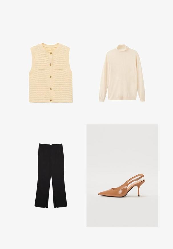 Pleteni bezrukavnik od teksturirane kreme vune, s prednjim zatvaranjem na gumb sa zlatnim gumbima i dva mala krpna džepa.; Kremasti vuneni pulover s visokim ovratnikom izrađen od mekog, laganog materijala; ima duge rukave i opušteni kroj.; Crne hlače ravnog kroja, s prednjim džepovima i bočnim prorezima na rubu. Izrađene od mekog i glatkog materijala. Pogodne za razne prigode.; Sandal s petom u obliku šiljastog prsta od glatkog, sjajnog smeškastog materijala. Ima zakrivljeni izrez i vitku štiklu. Detalj s srebrnom kopčom.