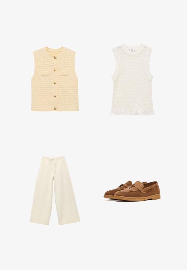Ärmellose Strickweste aus strukturiertem cremfarbenem Garn, mit einer durchgehenden Knopfleiste aus goldenen Knöpfen und zwei kleinen aufgesetzten Taschen.; Strickoberteil ohne Ärmel in Elfenbein mit einem strukturierten, offenen Gewebemuster. Die gewellten Kanten an den Armöffnungen und dem unteren Saum verleihen Detail.; Cremefarbene weit geschnittene Hose mit elastischem Bund und Kordelzug. Glatte Textur, knielang, mit lockerer Passform und ohne sichtbare Muster.; Braune Wildlederslipper mit flacher Sohle, ausgestattet mit einer dekorativen Schleife und subtilen Stickdetails. Rundliche Zehenform.