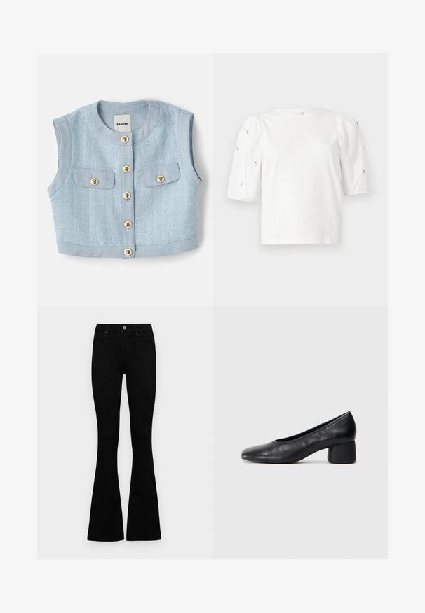 Svijetloplava skraćena prsluk sa teksturiranim materijalom, ogrnutog izreza, i šest zlatnih dugmadi sprijeda. Dva džepa na grudima.; Bijela pamučna majica s kratkim puf rukavima, s malim srebrnim ukrasima duž rukava. Klasičan okrugli izrez, opušteni kroj.; Crne traperice viskog struka s kopčanjem na gumb i rajfeslusu, prednjim džepovima i širom nogavicama položene su ravno na bijeloj pozadini.; Crna kožna pumpica s okruglim vrhom i srednje blok petom. Glatka tekstura s minimalnim detaljima, s suptilnim elastičnim otvaranjem.