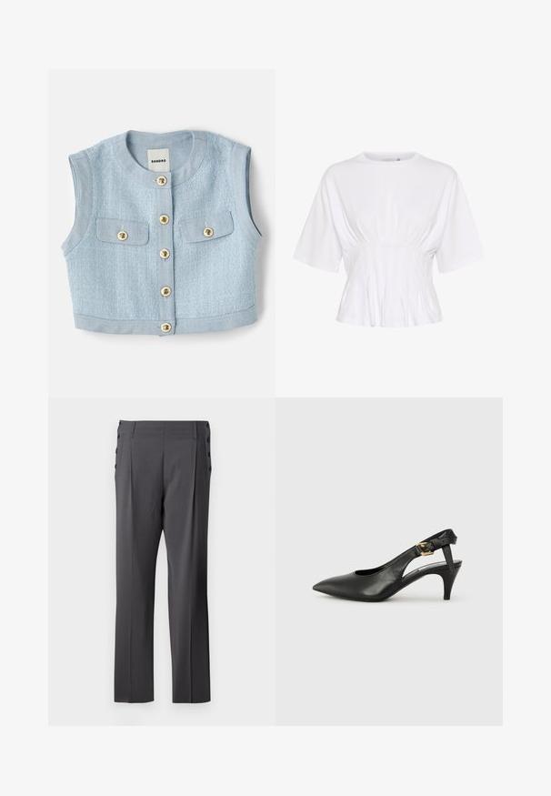 Hellblaues, kurzes Top aus strukturiertem Stoff mit Stehkragen und sechs goldfarbenen Knöpfen vorne. Zwei Brusttaschen.; Weißes kurzärmliges Oberteil aus weichem Stoff, mit rundem Halsausschnitt und Raffung in der Taille für eine figurbetonte Passform.; Graue, maßgeschneiderte Hose mit geradem Bein, Vorderfalten und dekorativen Seitentasten für zusätzlichen Stil. Glatte Stoffstruktur.; Schwarze Leder Slingback-Pumpe mit spitzem Absatz, kleinem Absatz und einer Schnalle am Knöchelriemen. Glatte Textur, minimalistisches Design.