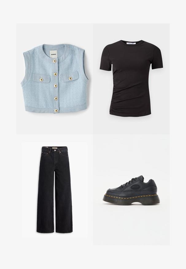 Világoskék, rövidített mellény strukturált anyagból, mellső részen álló nyakkal, és hat aranyszínű gombbal. Két mellzsebe van.; Fekete, rövid ujjú póló, puha anyagból készült, kerek nyakkivágással és bal oldalon ráncolt részletekkel a diszkrét textúra érdekében.; Fekete, bő szárú farmernadrág, öt zsebbel, réz szegecsekkel és klasszikus gombos kapoccsal. Simára kidolgozott textúrával és letisztult dizájnnal.; Fekete bőr sneaker, texturált felső résszel, kerek orral és vastag platform talppal. Sárga kiemelő varrásokkal és márkázott oldalsó logóval rendelkezik.