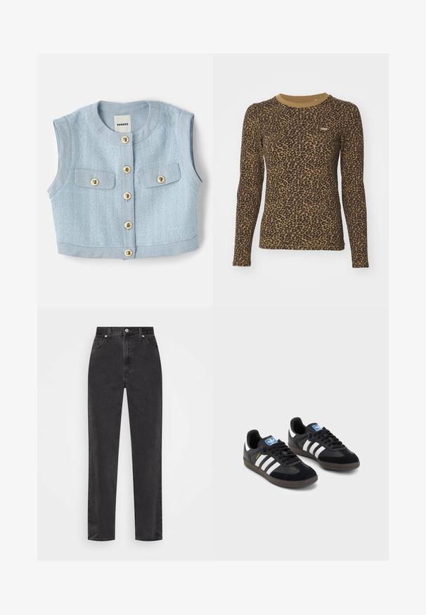 Lyseblå kort vest med teksturert stoff, høy hals og seks gullfargede knapper foran. To brystlommer.; Brun langermet t-skjorte med leopardmønster, rund hals og lett stretch. Liten logopatch på forsiden.; Sorte denim jeans med høy midje, rett ben, frontknapp og glidelås, og fem-lomme stil på en hvit bakgrunn.; Svarte sneakers med overdel i semsket lær og syntetisk materiale, med tre hvite striper, strukturert gummisåle og blå logoetikett på tungen.