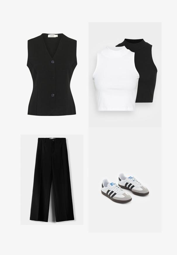 Crna majica bez rukava s V-izrezom, koja ima četiri velika okrugla gumba i uski kroj. Teksturalna pletena tkanina.; Dvije bezrukavne rebraste majice s visokim ovratnikom u crnoj i bijeloj boji, s prilagođenim dizajnom i glatkom teksturom, te skraćenom dužinom.; Crne široke hlače izrađene od lagane tkanine, s prednjim zatvaranjem na dugme i ravnim prednjim dijelom, sa uredno šivenim rubovima.; Sportske cipele s gornjištem od bijele kože, sivi suedinasti nos i tri crne pruge. Imaju plavi logo na jeziku i teksturiranu gumenu podlogu.