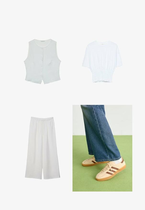 Vit ärmlös blus gjord av ett lätt material, med rund halsringning och framknäppning samt en något böjd fåll.; Vit kortärmad t-shirt med avslappnad passform och smockad textur vid midjan. Tillverkad av mjukt, lätt material.; Vita vida byxor i lätt tyg med elastisk midja och dragsko för justerbar passform. Mjuk textur.; Beiga sneakers med strukturerade krämfärgade paneler och bruna ränder, i kombination med blå denimjeans. Jeansarna har vida ben och fransad fåll.