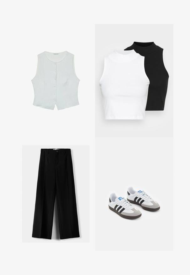 Witte mouwloze blouse van lichtgewicht stof, met een ronde halslijn en een knoopsluiting aan de voorkant, en een iets gebogen zoom.; Twee mouwloze ribgebreide coltruien in zwart en wit, met een slim fit ontwerp en een gladde textuur, met een cropped lengte.; Zwarte wijde broek van lichtgewicht stof, met een knoopsluiting aan de voorkant en een vlakke achterkant, afgewerkt met keurig gestikte zoom.; Sportschoenen met een witte leren bovenkant, grijze suède neus en drie zwarte strepen. Bevat een blauw logo op de tong en een gestructureerde rubberen zool.