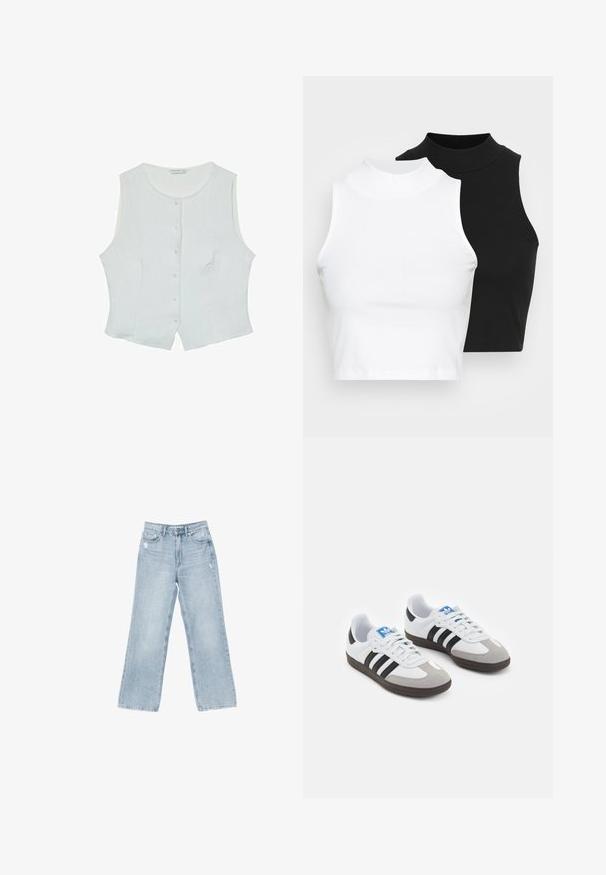 Hvid ærmeløs bluse lavet af letvægtsstof, med en rund halsudskæring og en frontknaplukning samt en let buet nederste kant.; To kjoleløse ribbede turtleneck-toppe i sort og hvid, med en tætsiddende design og glat tekstur, samt cropped længde.; Lyseblå denimjeans med bred benåbning, slidte detaljer, fem-lomme design og lynlåslukning.; Sportsko med en overdel i hvid læder, grå ruskind på tåen og tre sorte striber. Har et blåt logo på tungen og en struktureret gummisål.