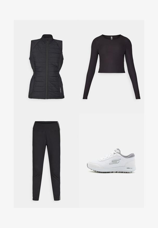 Czarna kamizelka puchowa z wysokim kołnierzem, zamkiem błyskawicznym z przodu i marszczeniami po bokach. Posiada pikowany wzór oraz logo na dole. Bez rękawów.; Czarny, długi rękaw, krótki top wykonany z żeberkowanej tkaniny. Posiada okrągły dekolt oraz dopasowany krój z teksturowaną powierzchnią.; Czarne legginsy z elastycznego materiału. Wysoki stan, zwężany krój, z białymi paskami po bokach wzdłuż zewnętrznych szwów. Gładka tekstura.; Białe sportowe buty z teksturowanym siateczkowym wierzchem, srebrnymi akcentami i lekką podeszwą z małymi stożkami trakcyjnymi, oznaczone "ULTRA FLIGHT".