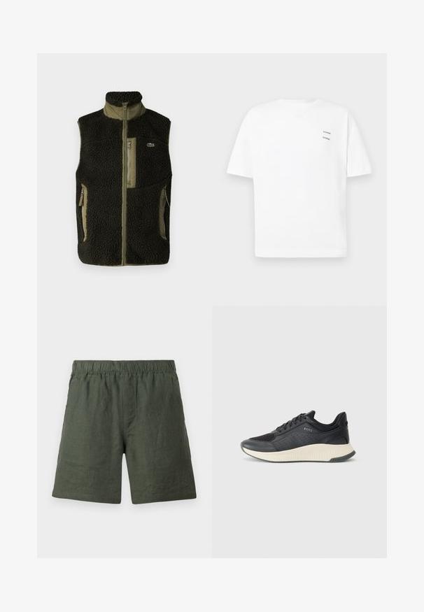 Lacoste Brezrokavnik - sapwood/khaki; Bela bombažna majica s sproščenim krojem, kratkimi rokavi in V-izrezom. Ima dva majhna črna natisnjena logotipa na levi strani.; Zelene lanene kratke hlače z elastičnim pasom, ravne noge in gladko teksturo, ki imajo preprosto šivanje brez dodatnih okraskov.; Črne športne superge z mrežasto zgornjico z perforacijami, teksturiranim srednjim delom v kremni barvi in gumijastim podplatom za oprijem.