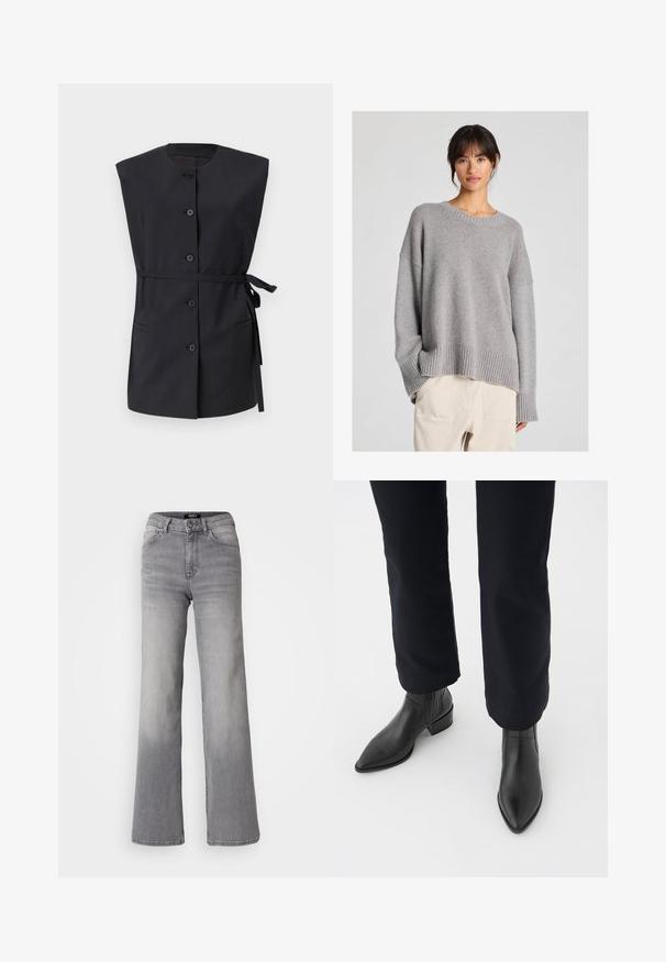 Gilet senza maniche nero con un collo alto, chiusura frontale con bottoni, tasche laterali e cintura in vita, realizzato in un tessuto liscio.; Maglione grigio lavorato a maglia con una vestibilità morbida, scollo rotondo, polsini e orlo a coste. Tessuto morbido con un sottile motivo a maglia. Abbinato a pantaloni chiari.; Jeans in denim grigiop con vita alta e gamba dritta, con bottone e cerniera frontali, tasche anteriori e posteriori, e sfumature sbiadite su cosce e polpacci.; Stivali neri in pelle fino alla caviglia, con punta affusolata, tacco a blocco e pannelli laterali texture, indossati con pantaloni scuri su uno sfondo bianco.