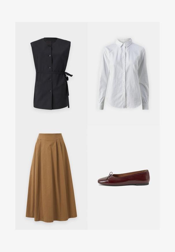 Černá bezrukávová vesta s vysokým výstřihem, zapínáním na knoflíky vpředu, bočními kapsami a vázáním v pase, vyrobená z hladkého materiálu.; Bílá košile na knoflíky vyrobená z hladké bavlny, s klasickým límcem, dlouhými rukávy a zakřiveným spodním lemem. Knoflíky jsou malé a bílé.; Hnědá bavlněná sukně ve stylu A s vysokým pasem, se sklady na přední straně a hladkou texturou. Lemování je čisté a jednoduché.; Burgundské lakové baleríny s kulatou špičkou, malou mašlí vpředu a nízkou černou gumovou podrážkou. Hladký povrch.